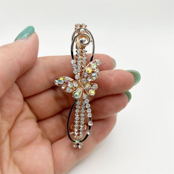Rose Gold Tone Butterfly Crystal Rhinestone Hair Clip Barrette Party Accessory - Picture 1 of 9